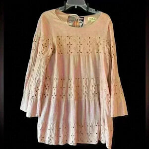 Listicle Womens Mauve Pink Embroidered Eyelet Bell Sleeve Dress Babydoll Sz M